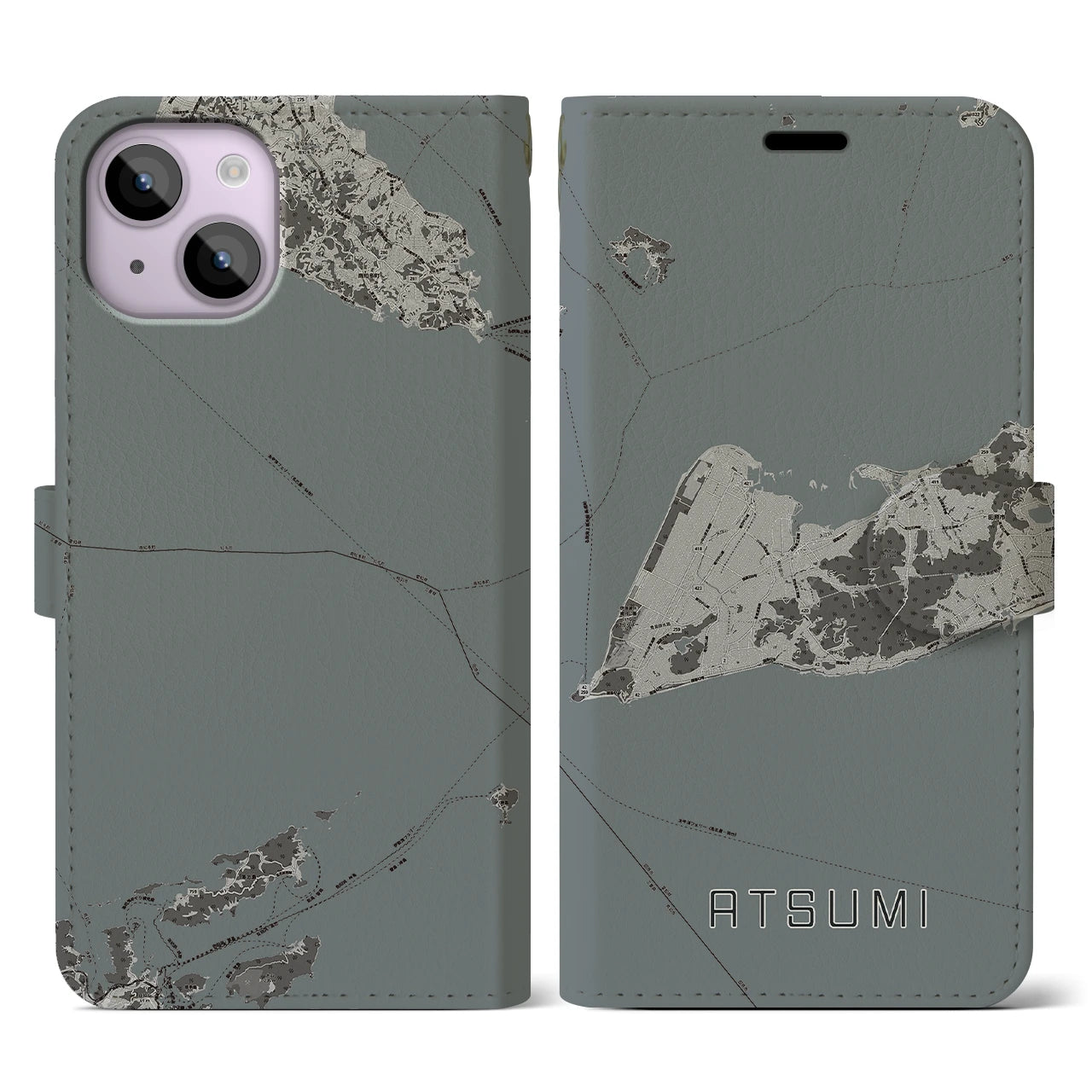 【渥美(愛知県)】地図柄iPhoneケース(手帳タイプ)モノトーン・iPhone 14 用