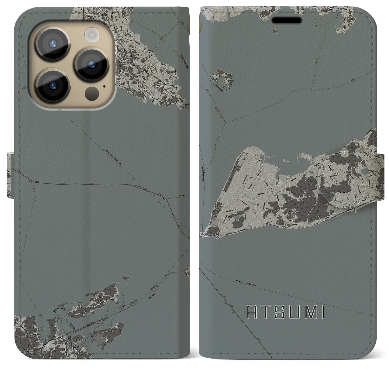 【渥美(愛知県)】地図柄iPhoneケース(手帳タイプ)モノトーン・iPhone 14 Pro Max 用