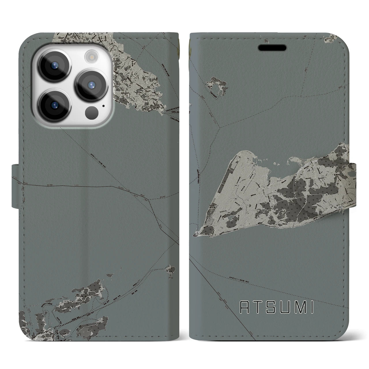 【渥美(愛知県)】地図柄iPhoneケース(手帳タイプ)モノトーン・iPhone 14 Pro 用