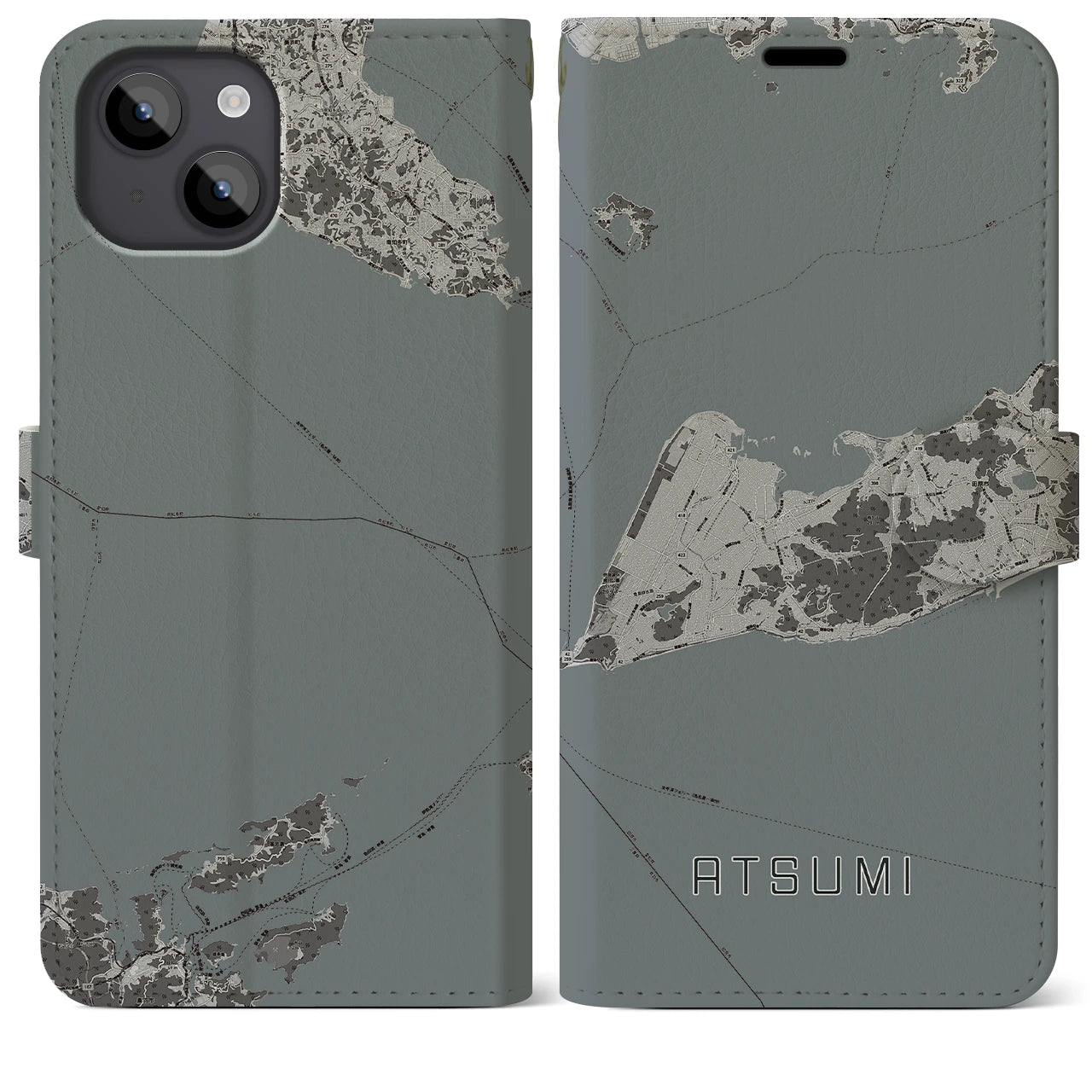 【渥美(愛知県)】地図柄iPhoneケース(手帳タイプ)モノトーン・iPhone 14 Plus 用