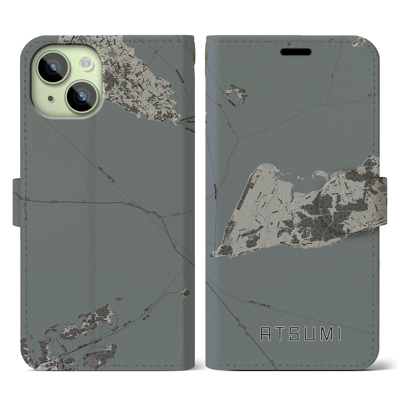 【渥美(愛知県)】地図柄iPhoneケース(手帳タイプ)モノトーン・iPhone 15 用
