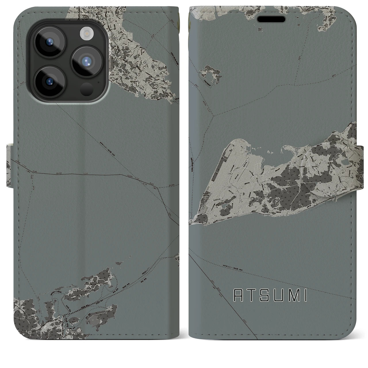 【渥美(愛知県)】地図柄iPhoneケース(手帳タイプ)モノトーン・iPhone 15 Pro Max 用