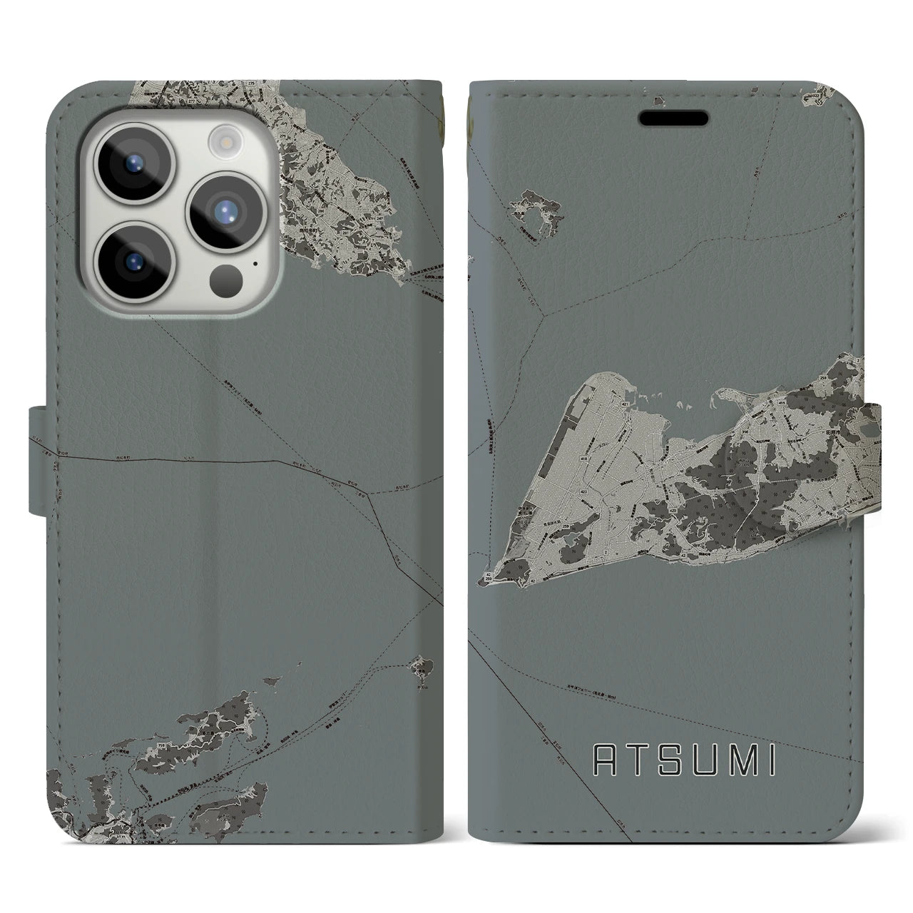 【渥美(愛知県)】地図柄iPhoneケース(手帳タイプ)モノトーン・iPhone 15 Pro 用