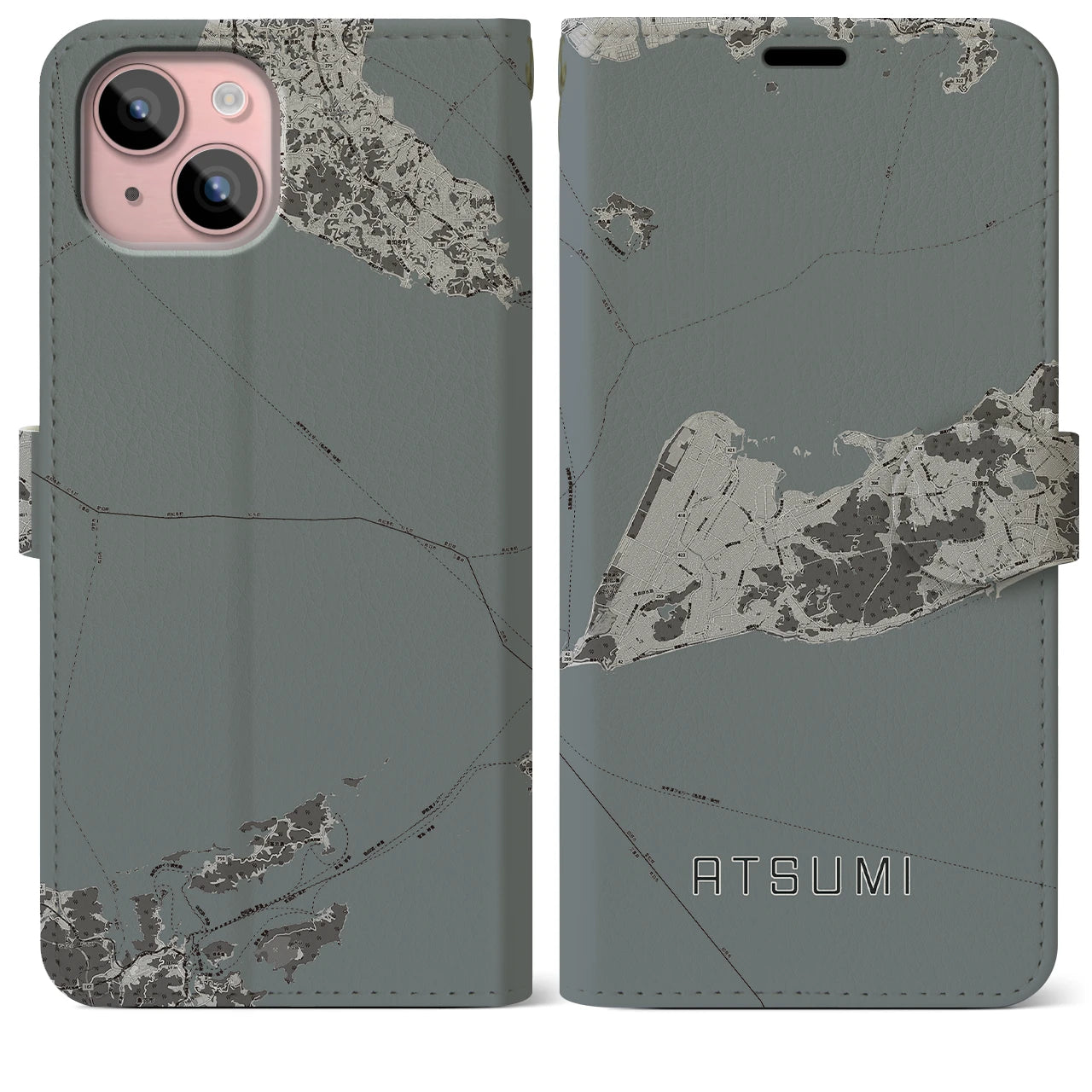 【渥美(愛知県)】地図柄iPhoneケース(手帳タイプ)モノトーン・iPhone 15 Plus 用