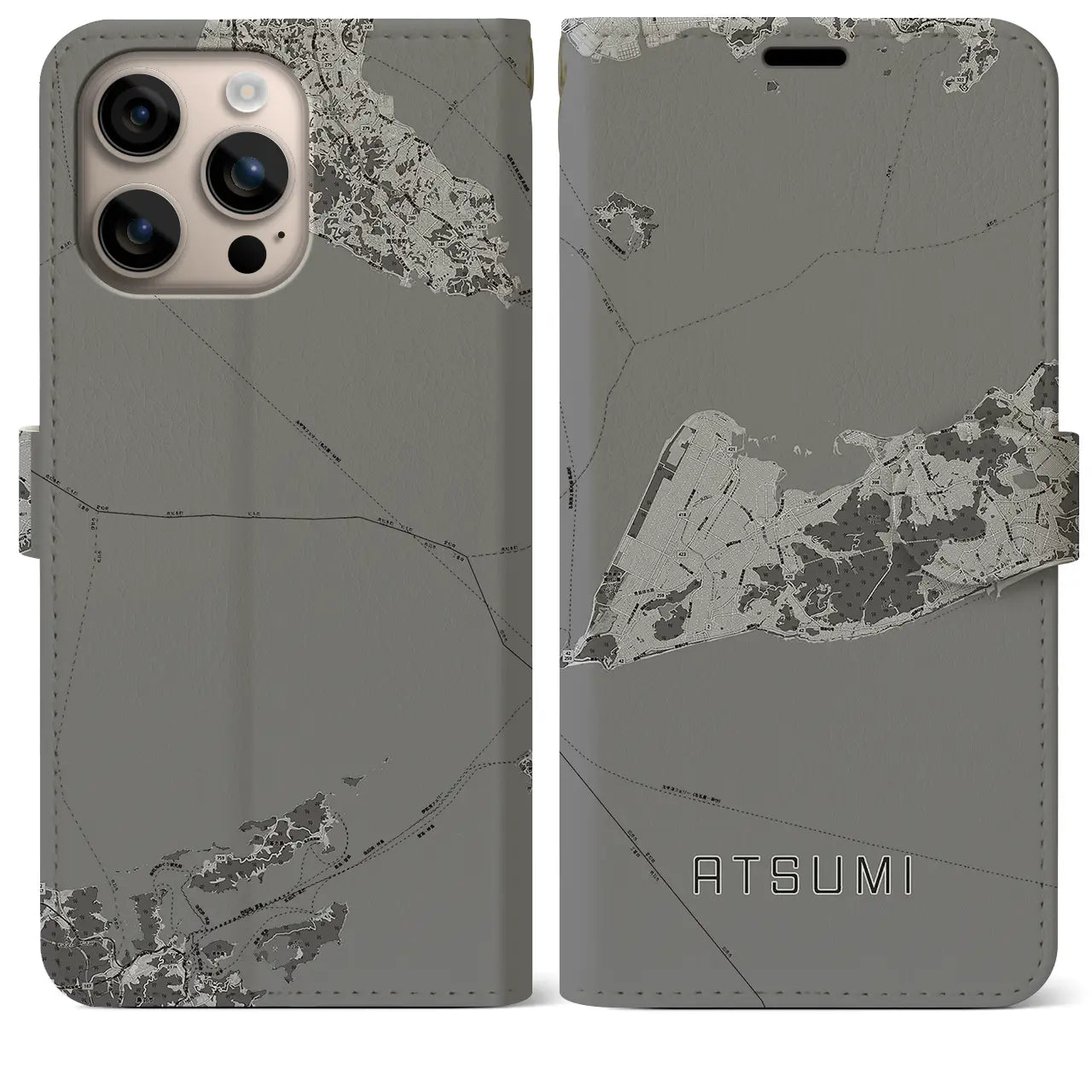 【渥美(愛知県)】地図柄iPhoneケース(手帳タイプ)モノトーン・iPhone 16 Plus 用