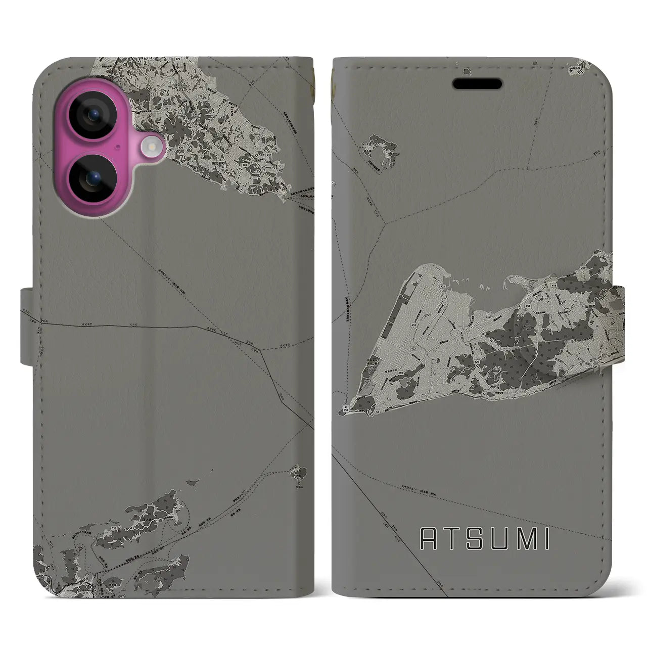 【渥美(愛知県)】地図柄iPhoneケース(手帳タイプ)モノトーン・iPhone 16 Pro 用