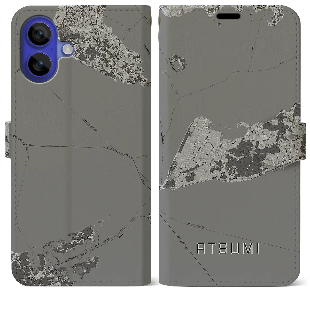 【渥美(愛知県)】地図柄iPhoneケース(手帳タイプ)モノトーン・iPhone 16 Pro Max 用