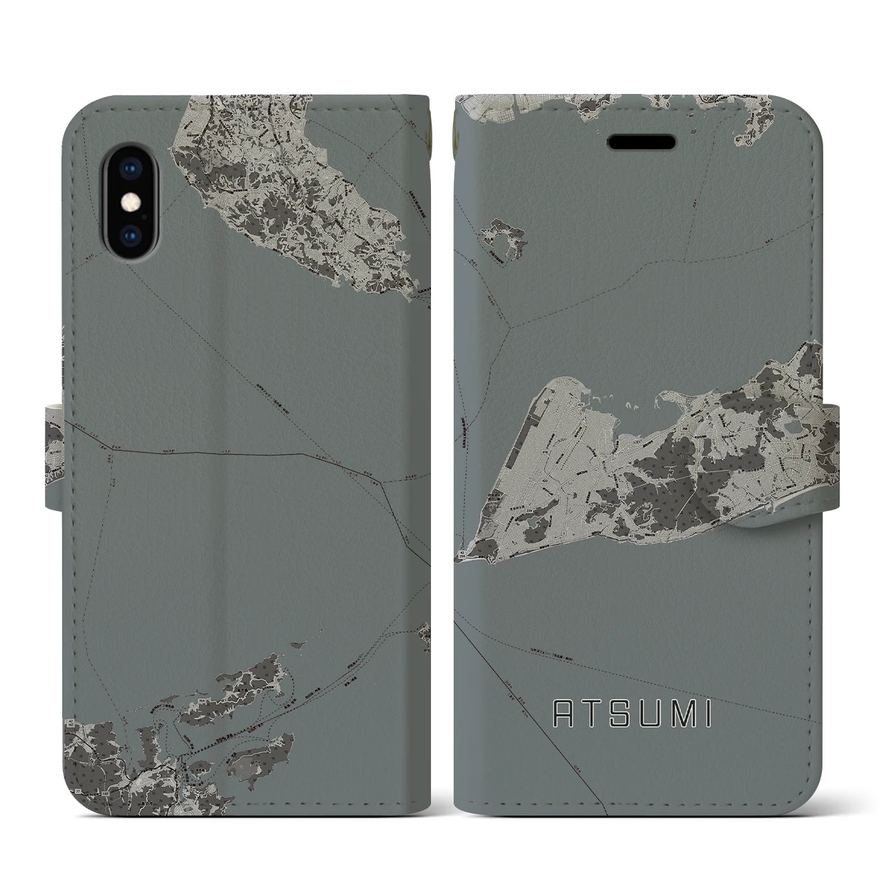 【渥美(愛知県)】地図柄iPhoneケース(手帳タイプ)モノトーン・iPhone XS / X 用