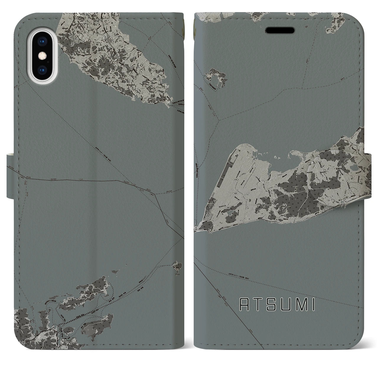 【渥美(愛知県)】地図柄iPhoneケース(手帳タイプ)モノトーン・iPhone XS Max 用