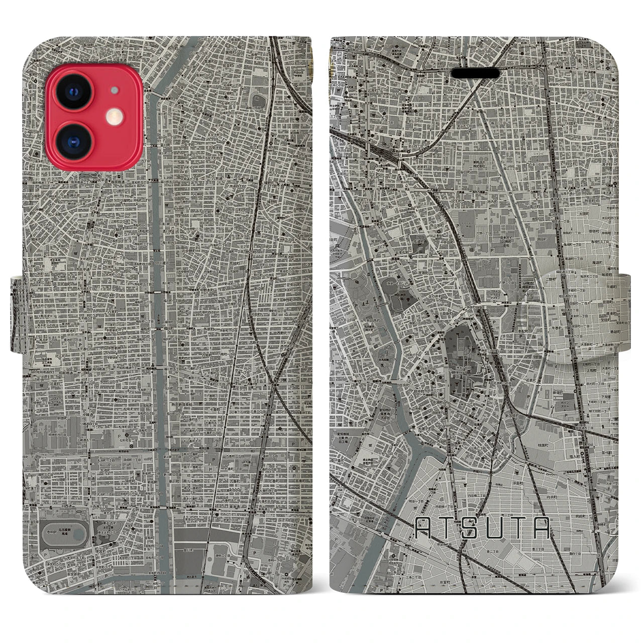 【熱田(愛知県)】地図柄iPhoneケース(手帳タイプ)モノトーン・iPhone 11 用