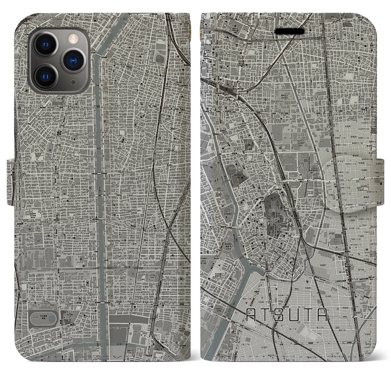 【熱田(愛知県)】地図柄iPhoneケース(手帳タイプ)モノトーン・iPhone 11 Pro Max 用