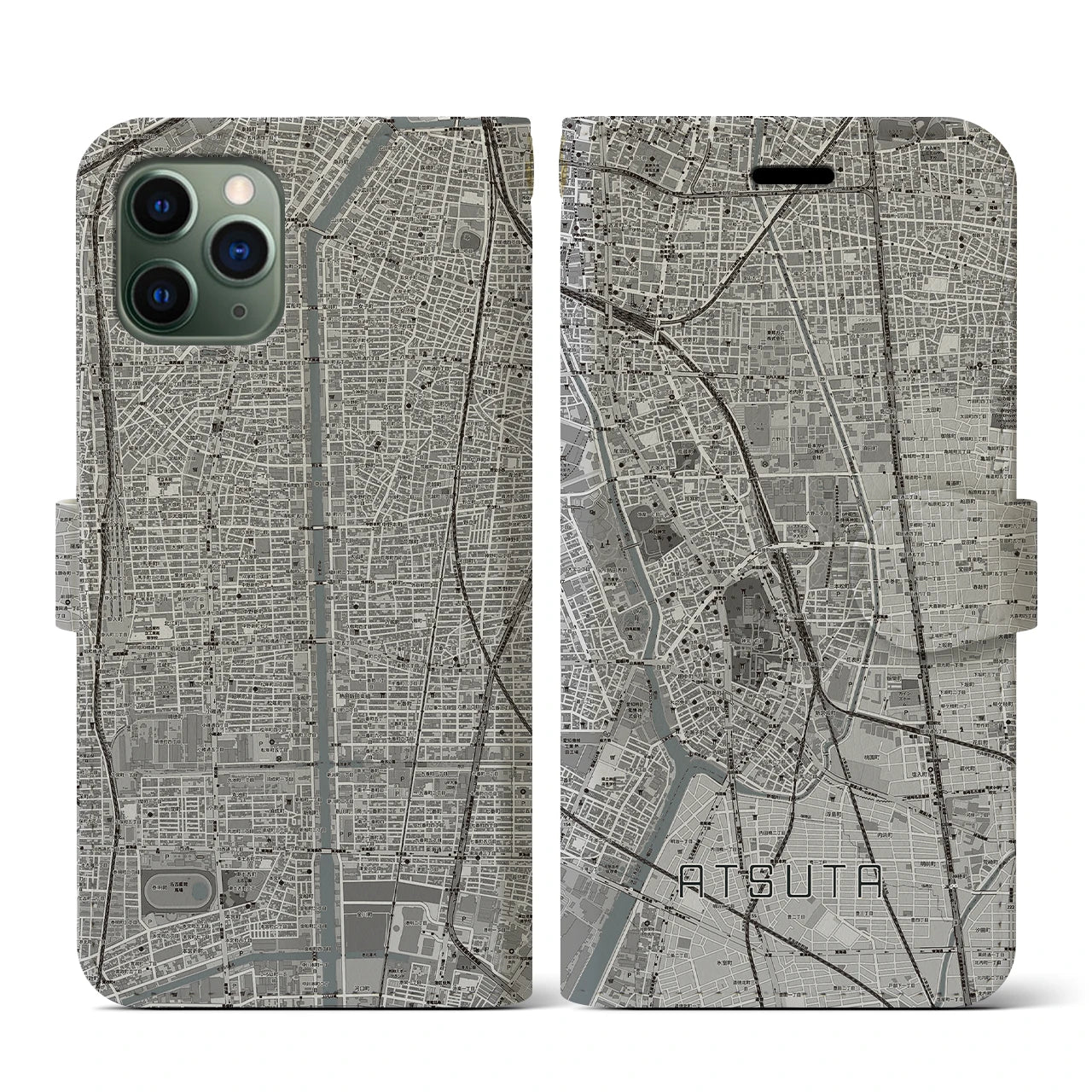【熱田(愛知県)】地図柄iPhoneケース(手帳タイプ)モノトーン・iPhone 11 Pro 用