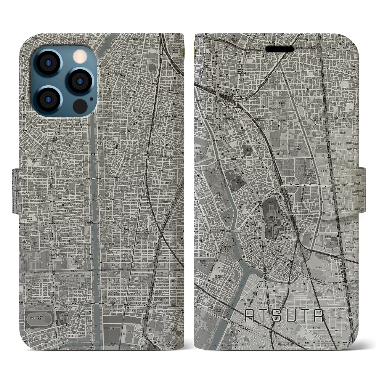 【熱田(愛知県)】地図柄iPhoneケース(手帳タイプ)モノトーン・iPhone 12 / 12 Pro 用