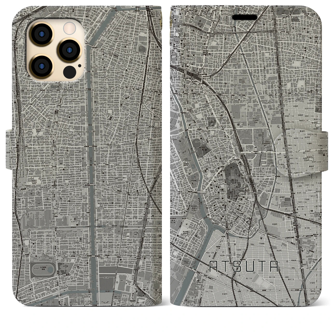 【熱田(愛知県)】地図柄iPhoneケース(手帳タイプ)モノトーン・iPhone 12 Pro Max 用
