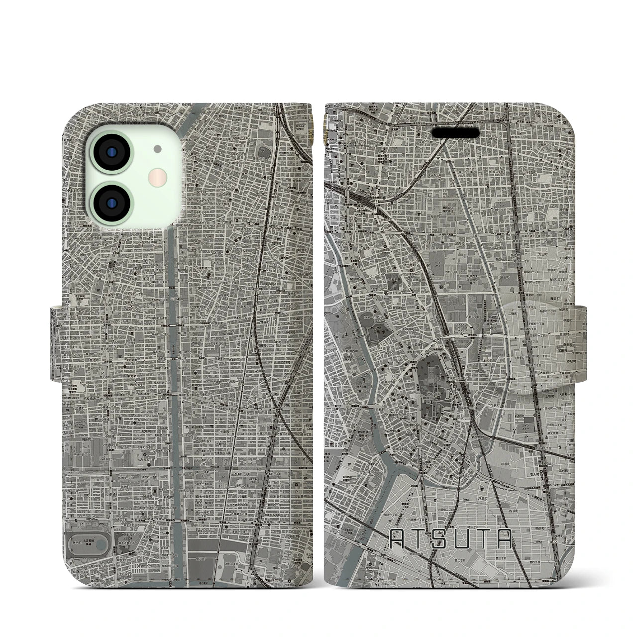 【熱田(愛知県)】地図柄iPhoneケース(手帳タイプ)モノトーン・iPhone 12 mini 用