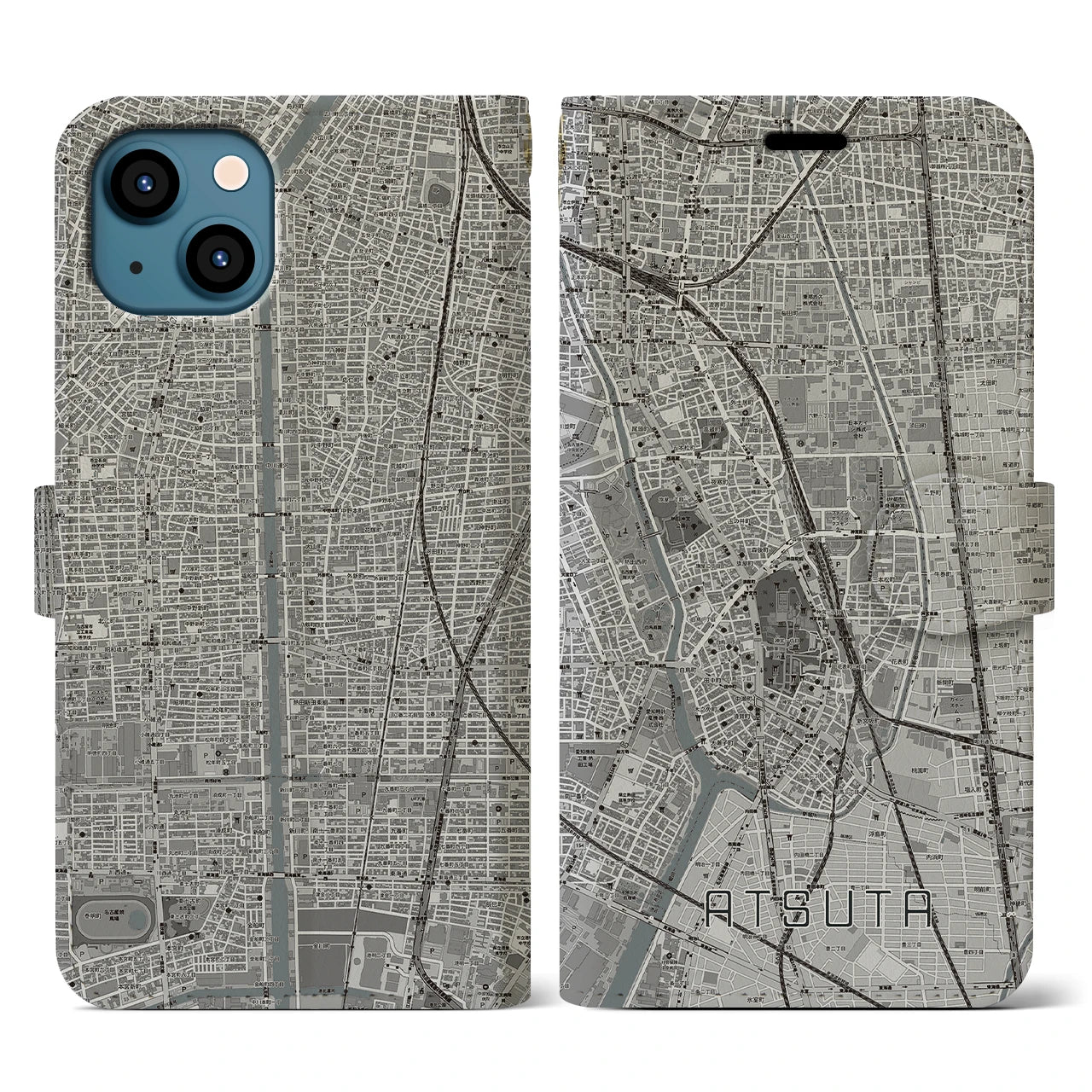 【熱田(愛知県)】地図柄iPhoneケース(手帳タイプ)モノトーン・iPhone 13 用