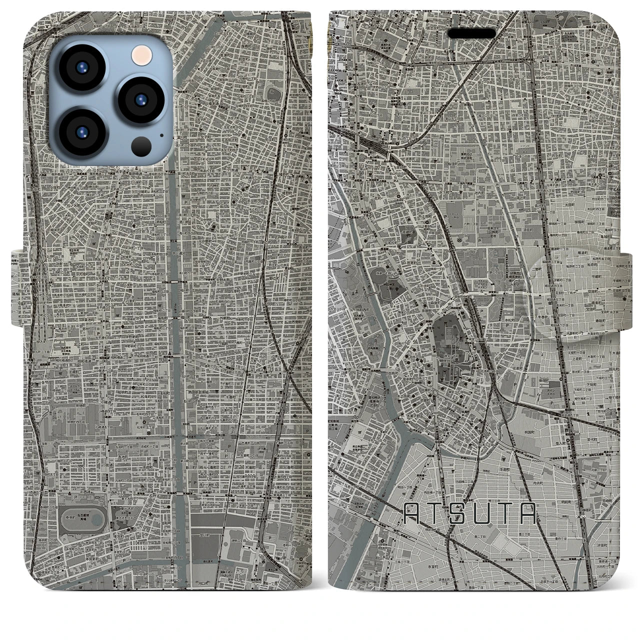 【熱田(愛知県)】地図柄iPhoneケース(手帳タイプ)モノトーン・iPhone 13 Pro Max 用