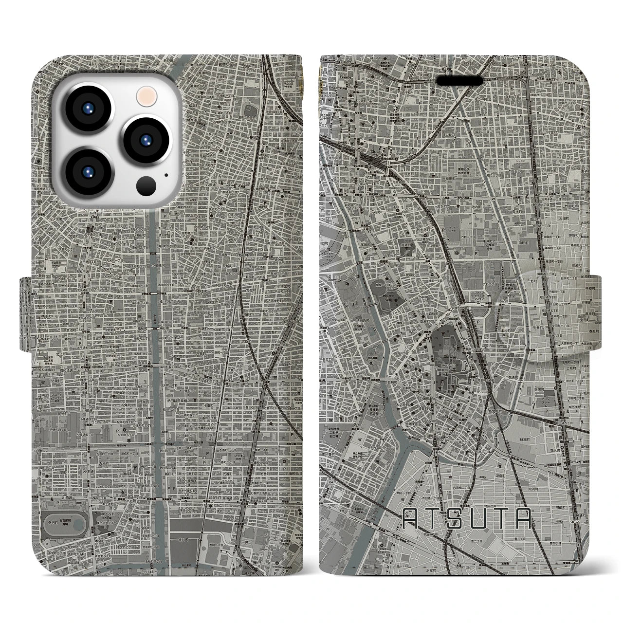 【熱田(愛知県)】地図柄iPhoneケース(手帳タイプ)モノトーン・iPhone 13 Pro 用