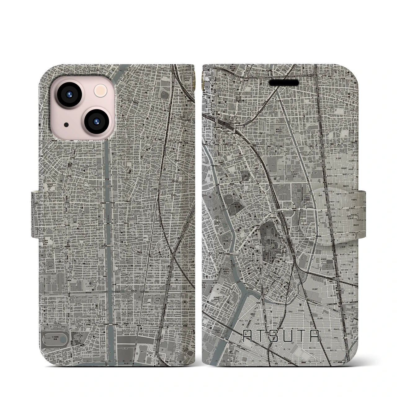 【熱田(愛知県)】地図柄iPhoneケース(手帳タイプ)モノトーン・iPhone 13 mini 用