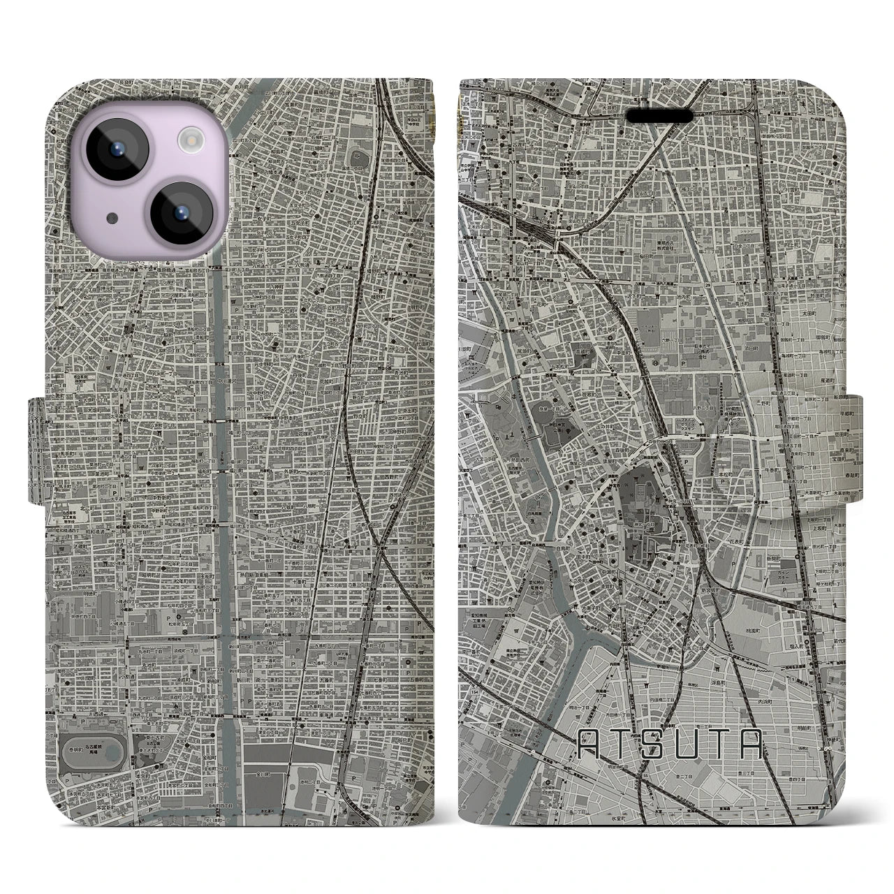 【熱田(愛知県)】地図柄iPhoneケース(手帳タイプ)モノトーン・iPhone 14 用