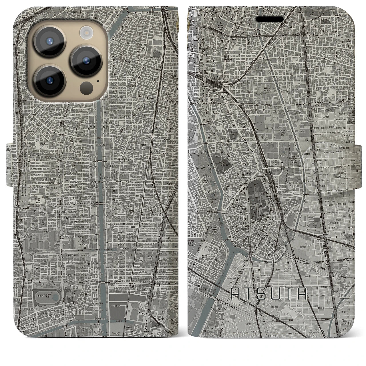【熱田(愛知県)】地図柄iPhoneケース(手帳タイプ)モノトーン・iPhone 14 Pro Max 用