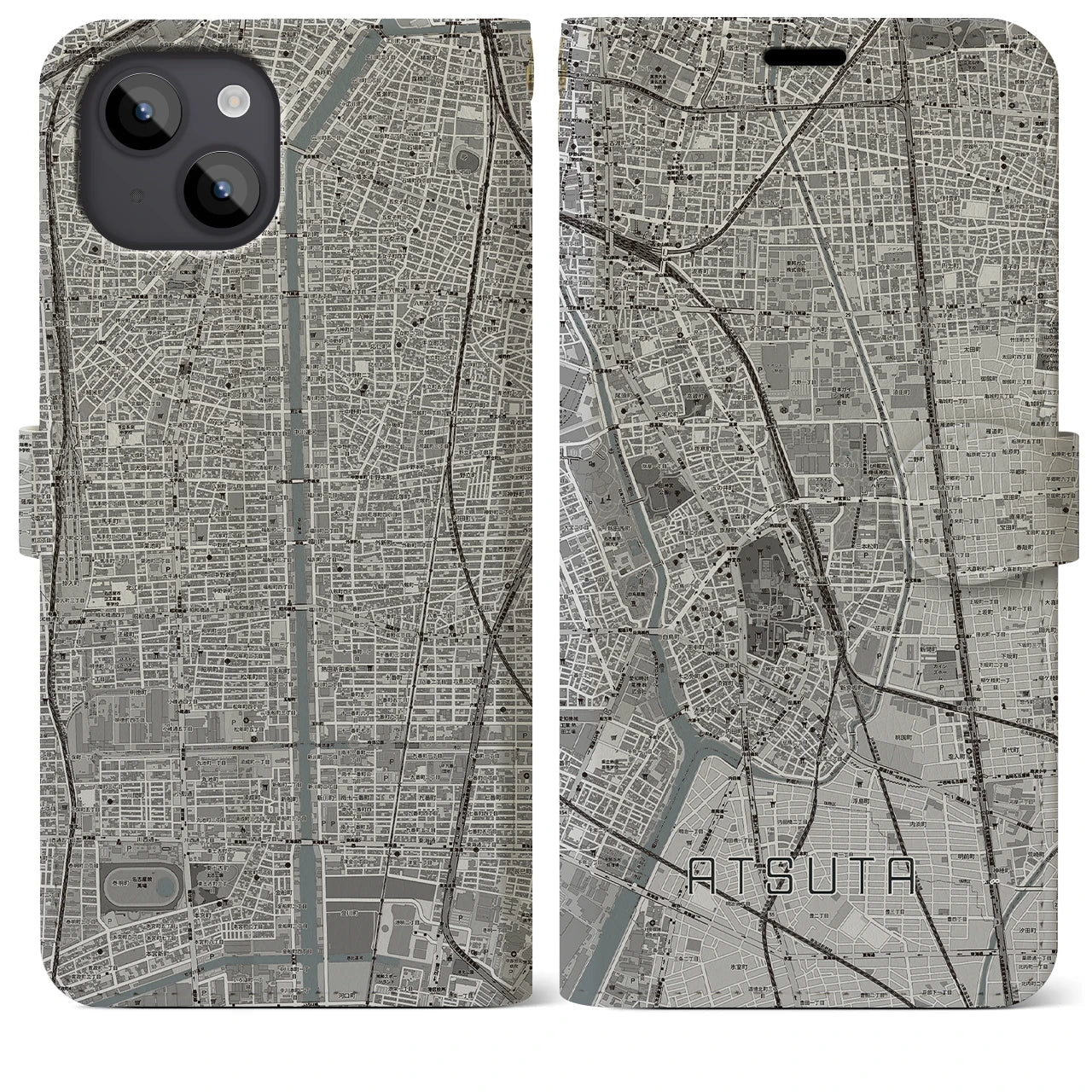 【熱田(愛知県)】地図柄iPhoneケース(手帳タイプ)モノトーン・iPhone 14 Plus 用
