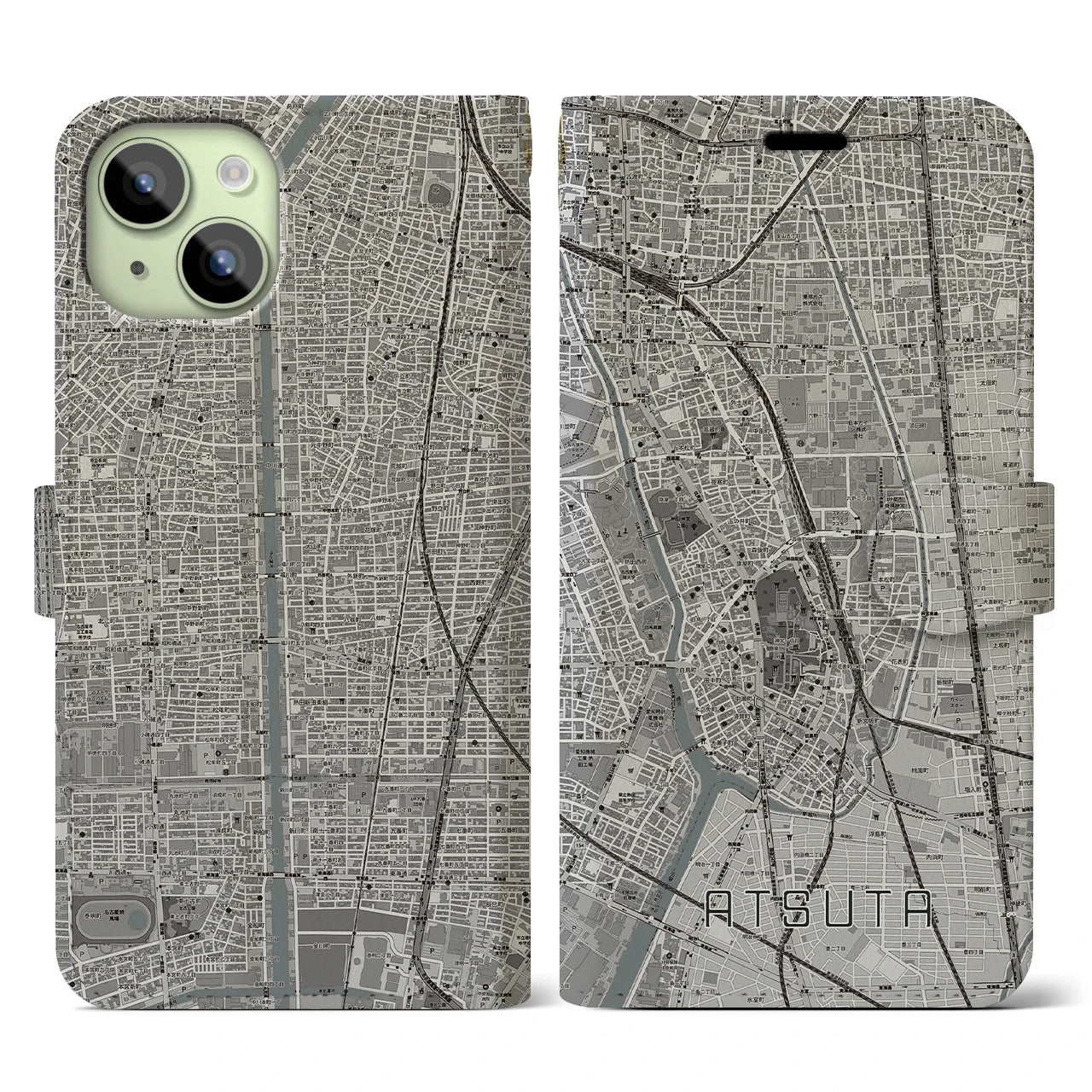【熱田(愛知県)】地図柄iPhoneケース(手帳タイプ)モノトーン・iPhone 15 用