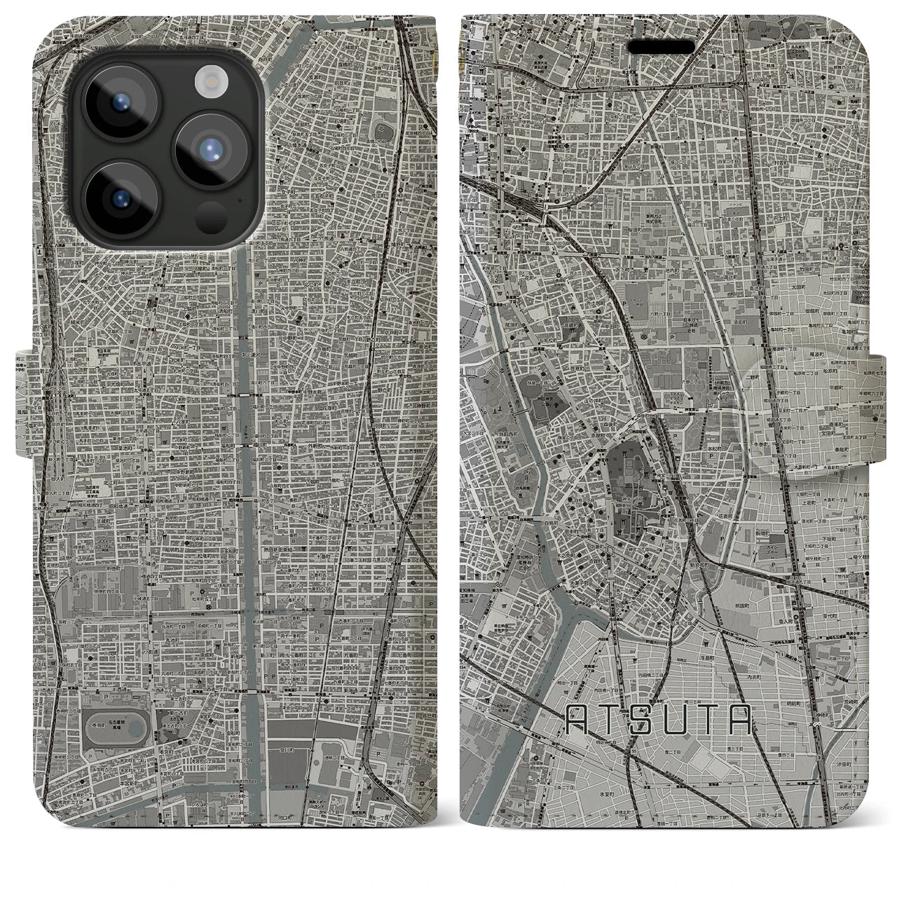 【熱田(愛知県)】地図柄iPhoneケース(手帳タイプ)モノトーン・iPhone 15 Pro Max 用