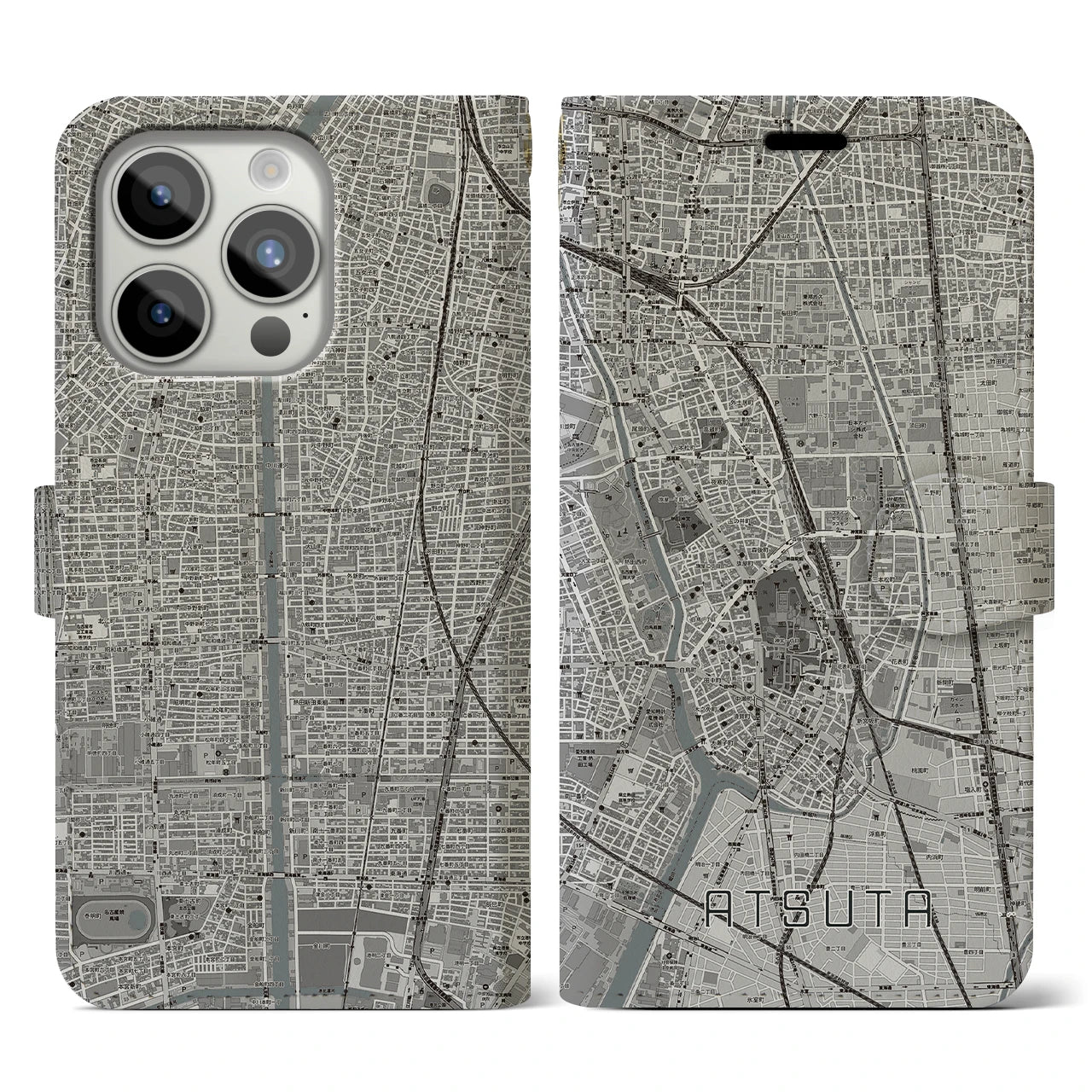 【熱田(愛知県)】地図柄iPhoneケース(手帳タイプ)モノトーン・iPhone 15 Pro 用