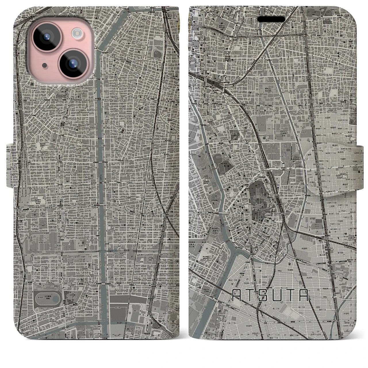 【熱田(愛知県)】地図柄iPhoneケース(手帳タイプ)モノトーン・iPhone 15 Plus 用