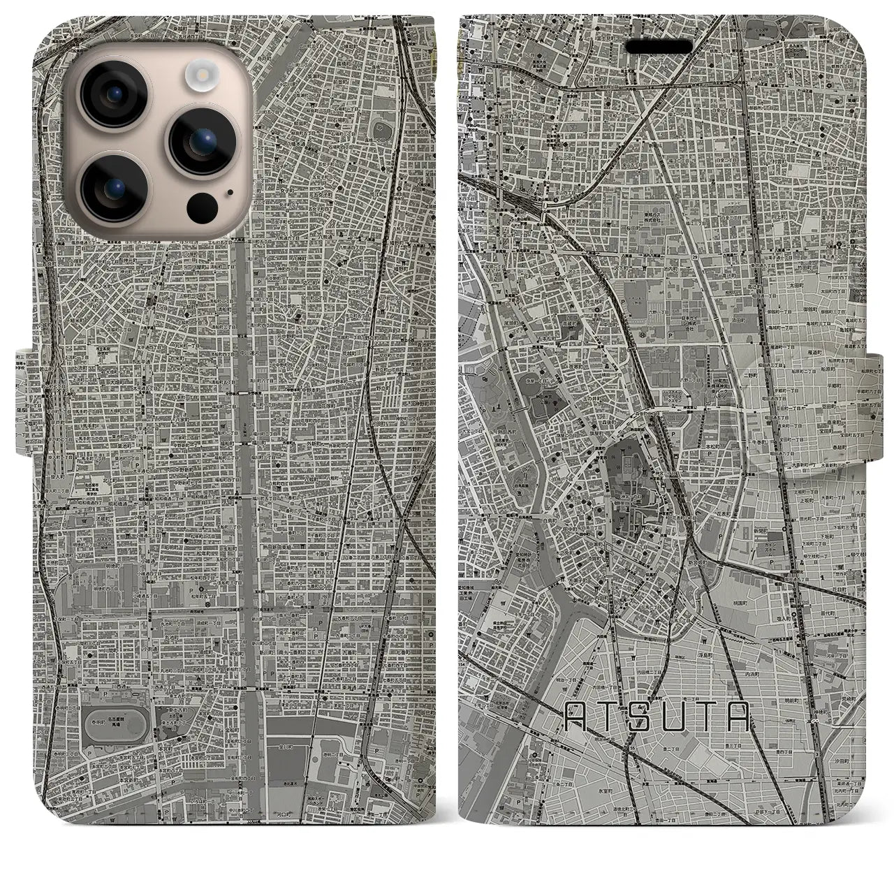 【熱田(愛知県)】地図柄iPhoneケース(手帳タイプ)モノトーン・iPhone 16 Plus 用