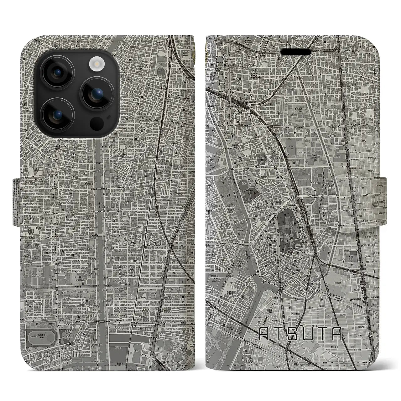 【熱田(愛知県)】地図柄iPhoneケース(手帳タイプ)モノトーン・iPhone 16 用