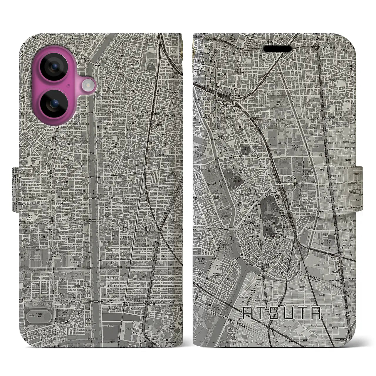 【熱田(愛知県)】地図柄iPhoneケース(手帳タイプ)モノトーン・iPhone 16 Pro 用