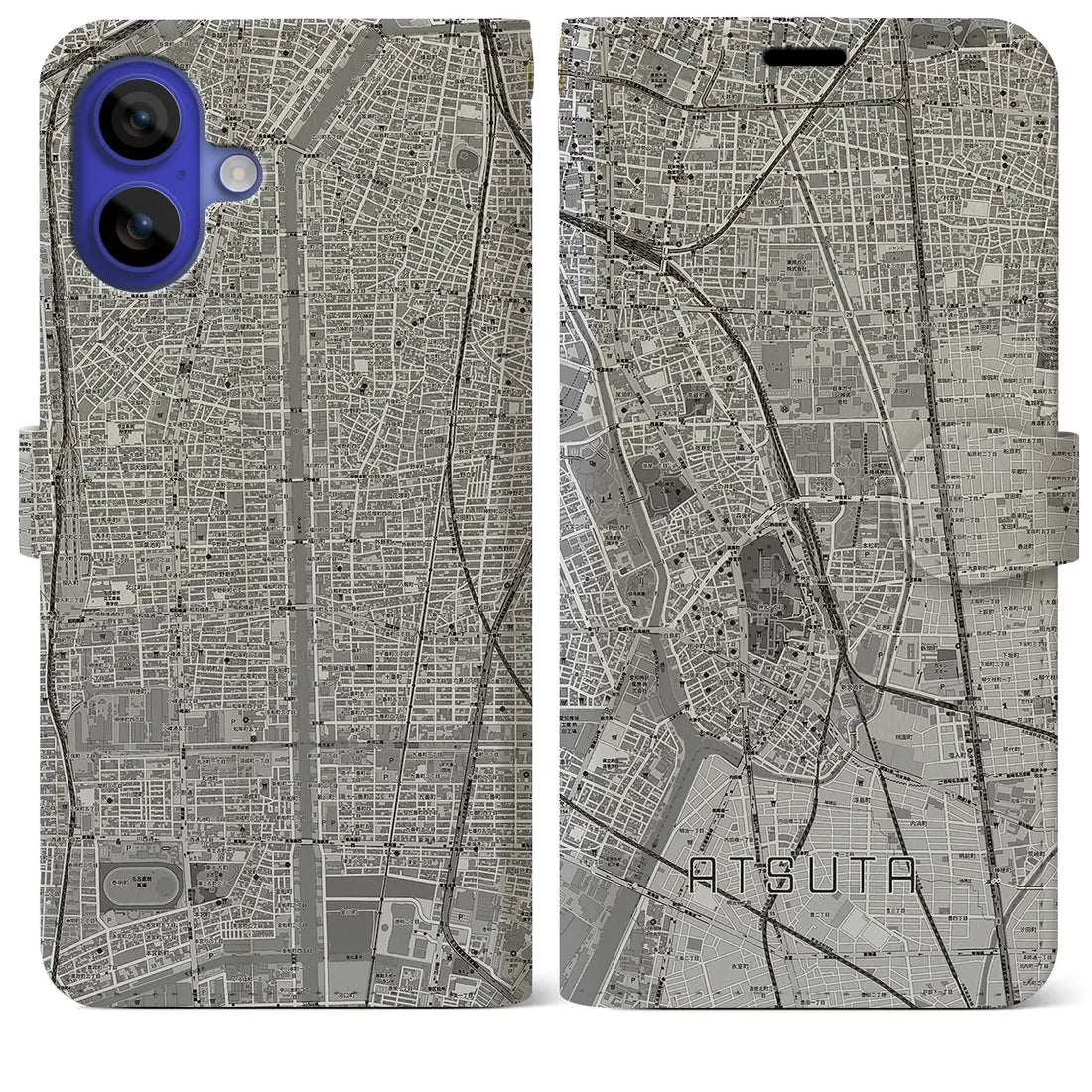 【熱田(愛知県)】地図柄iPhoneケース(手帳タイプ)モノトーン・iPhone 16 Pro Max 用