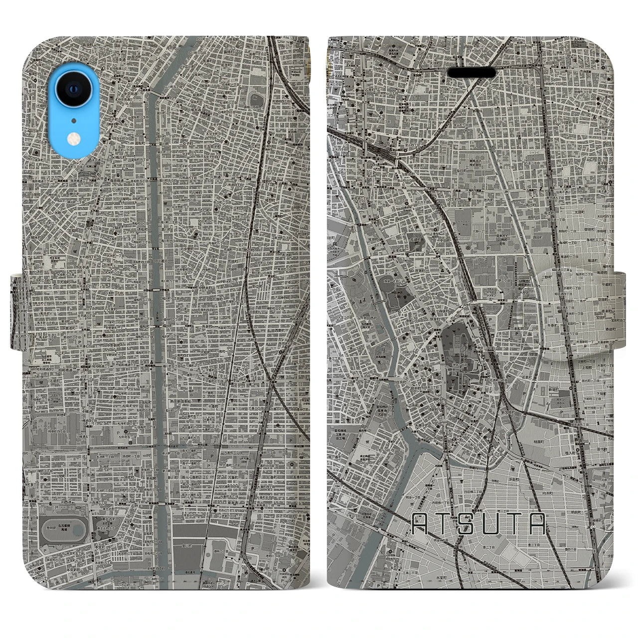 【熱田(愛知県)】地図柄iPhoneケース(手帳タイプ)モノトーン・iPhone XR 用