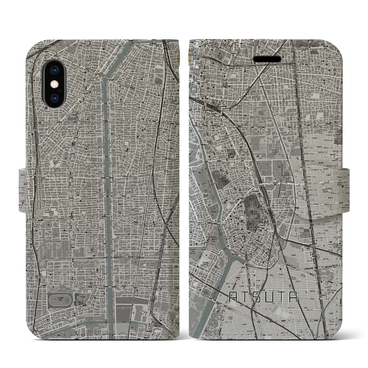 【熱田(愛知県)】地図柄iPhoneケース(手帳タイプ)モノトーン・iPhone XS / X 用