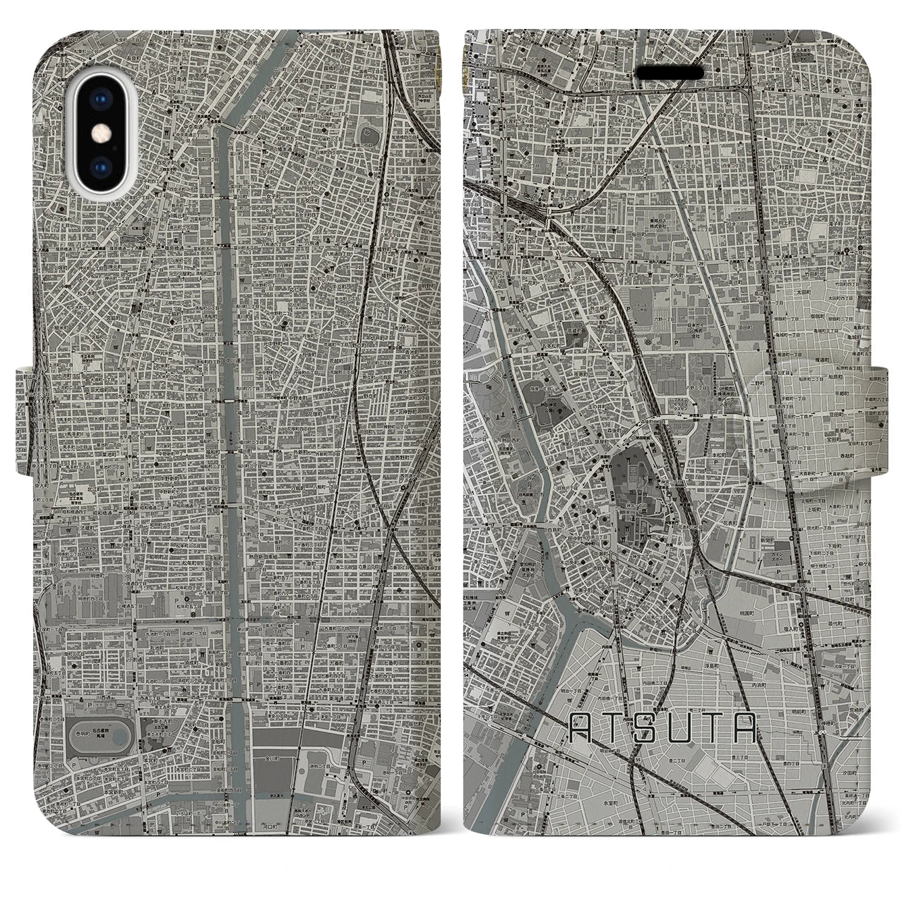 【熱田(愛知県)】地図柄iPhoneケース(手帳タイプ)モノトーン・iPhone XS Max 用
