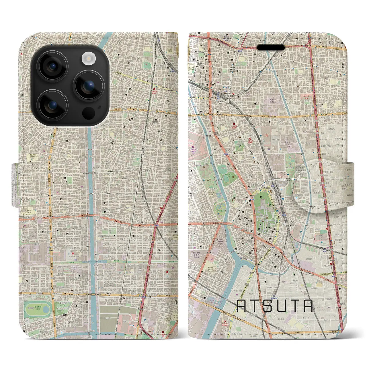 【熱田(愛知県)】地図柄iPhoneケース(手帳タイプ)ナチュラル・iPhone 16 用