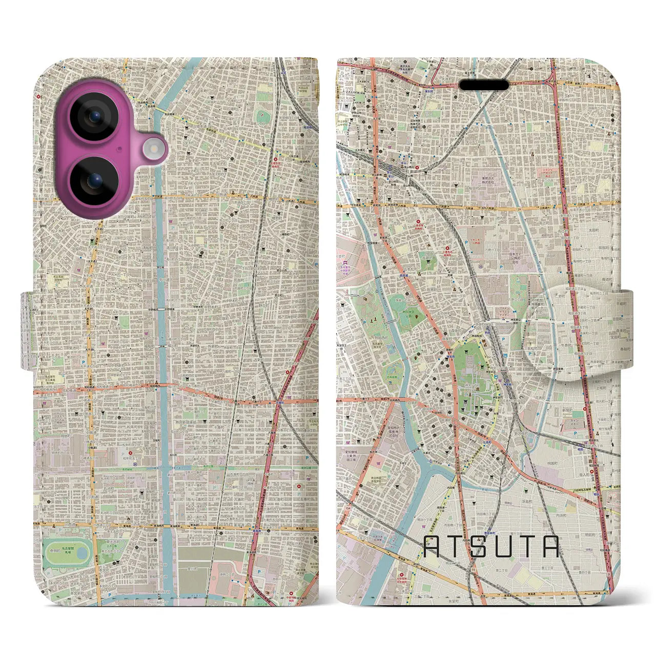 【熱田(愛知県)】地図柄iPhoneケース(手帳タイプ)ナチュラル・iPhone 16 Pro 用