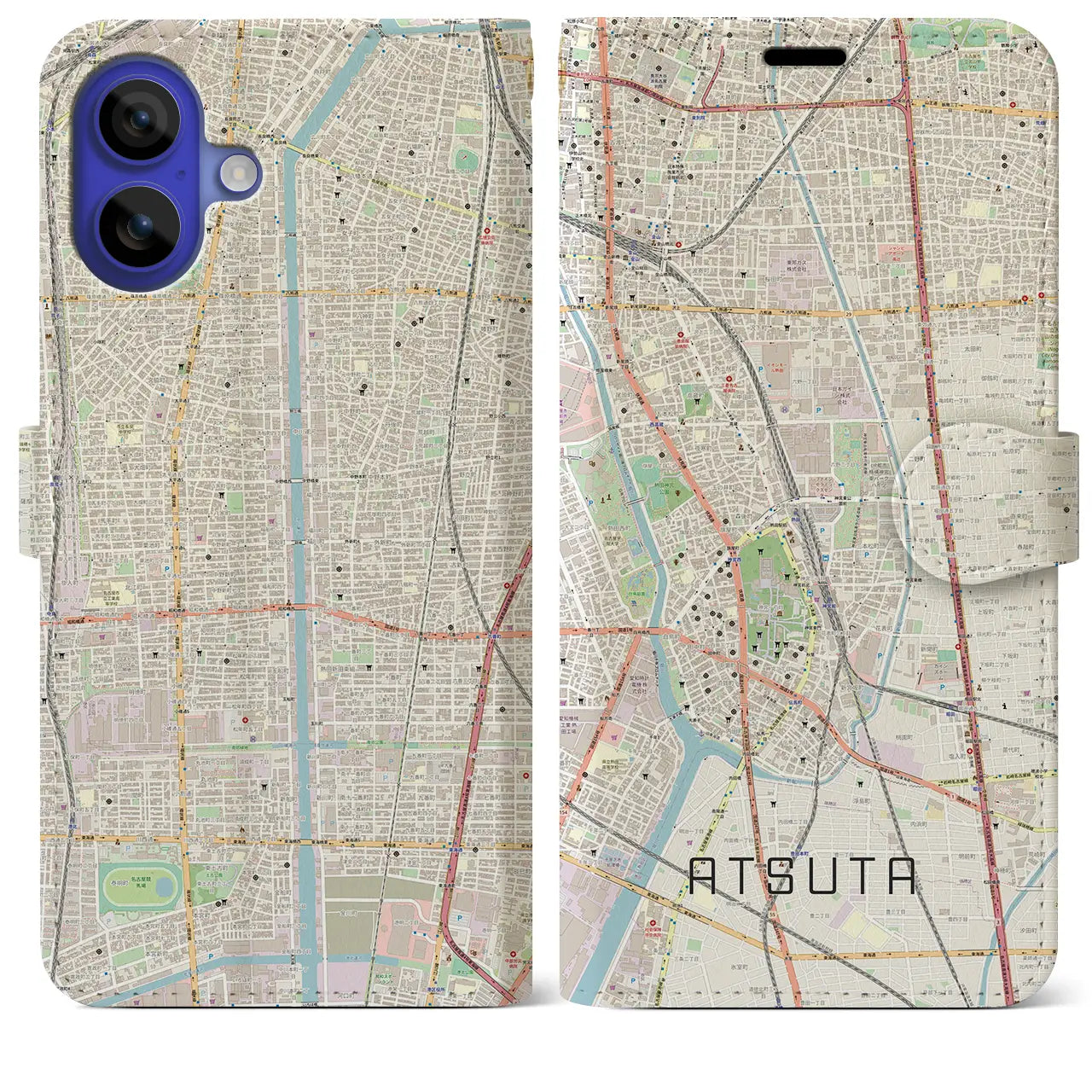 【熱田(愛知県)】地図柄iPhoneケース(手帳タイプ)ナチュラル・iPhone 16 Pro Max 用
