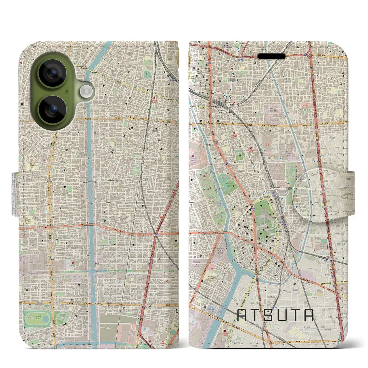 【熱田(愛知県)】地図柄iPhoneケース(手帳タイプ)モノトーン・iPhone 17 Pro Max 用