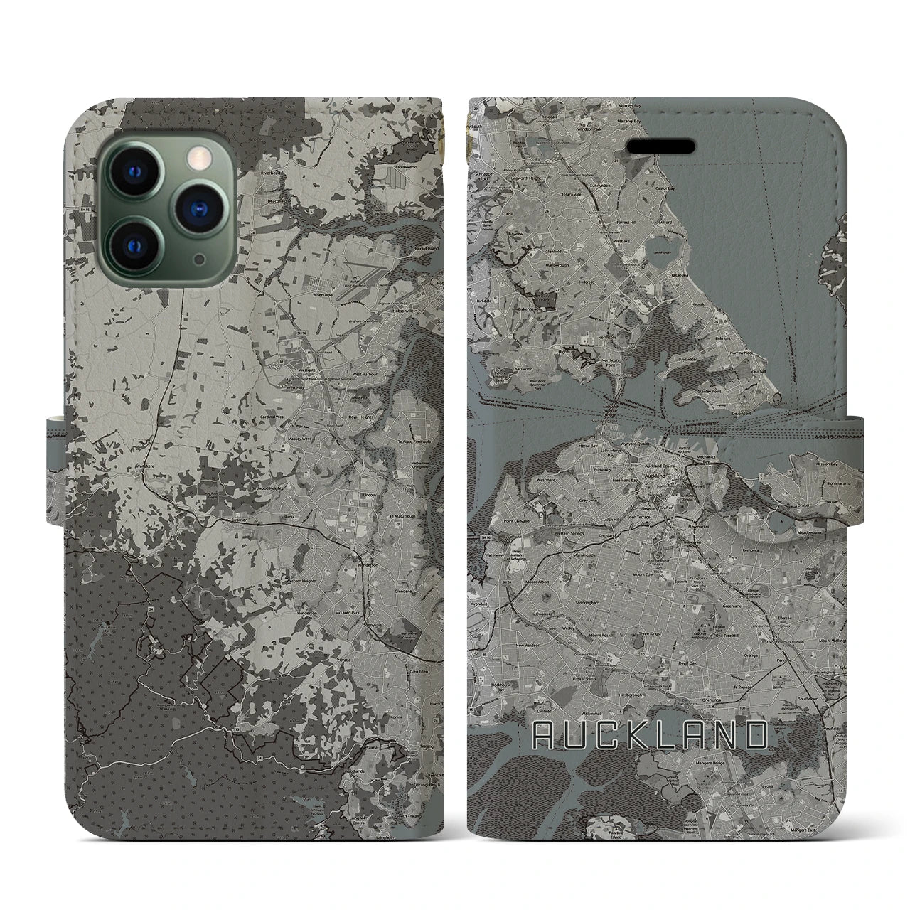 【オークランド(ニュージーランド)】地図柄iPhoneケース(手帳タイプ)モノトーン・iPhone 11 Pro 用