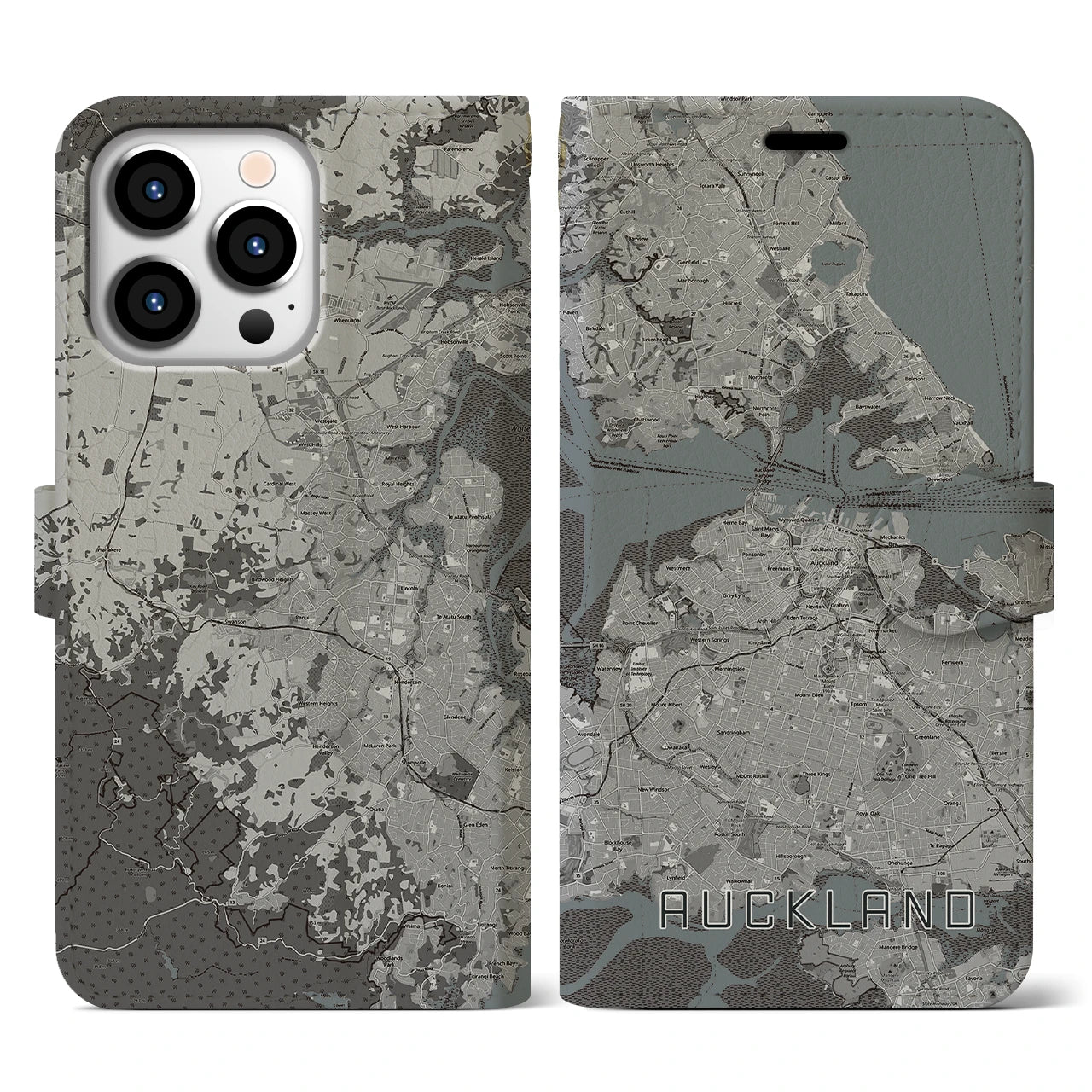【オークランド(ニュージーランド)】地図柄iPhoneケース(手帳タイプ)モノトーン・iPhone 13 Pro 用