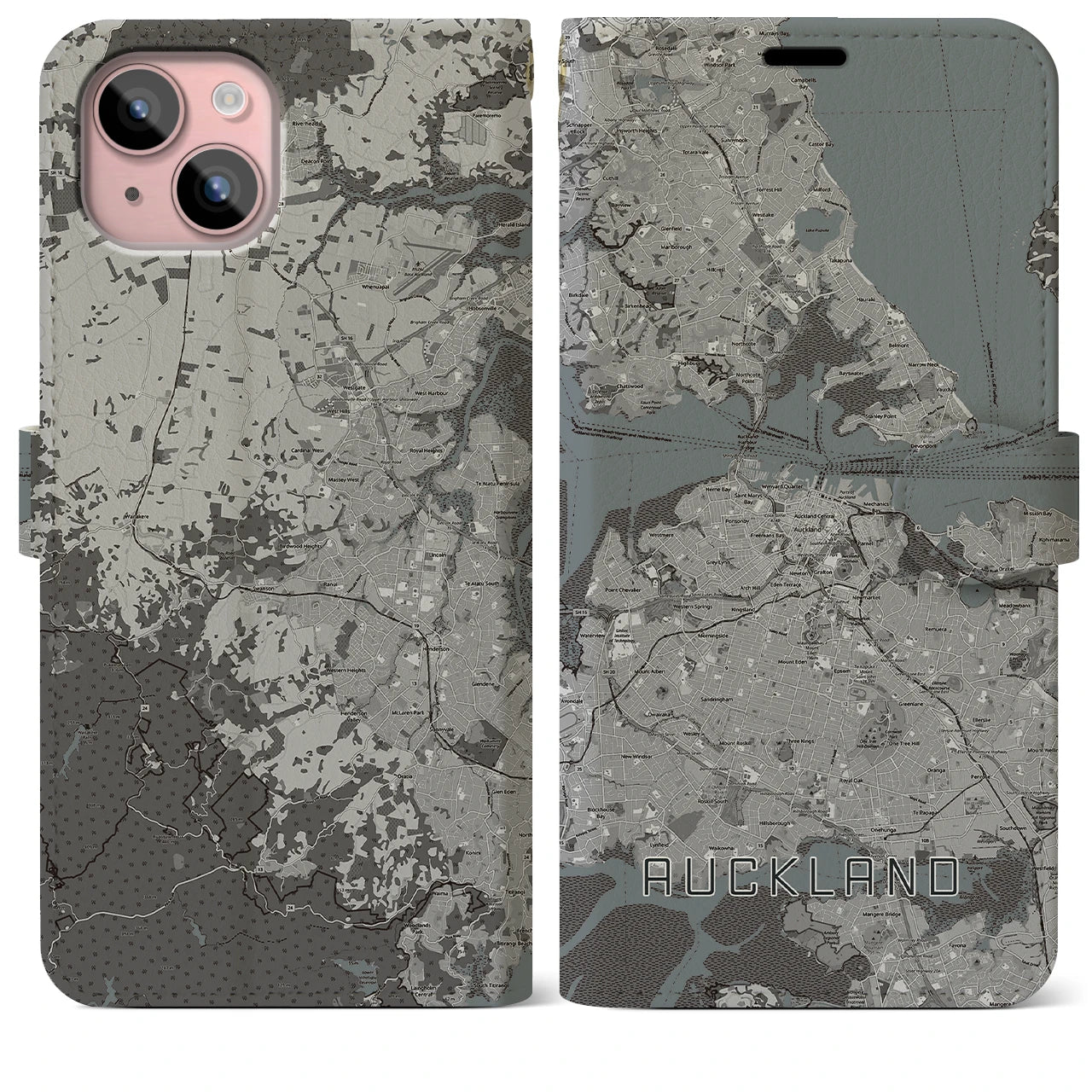 【オークランド(ニュージーランド)】地図柄iPhoneケース(手帳タイプ)モノトーン・iPhone 15 Plus 用
