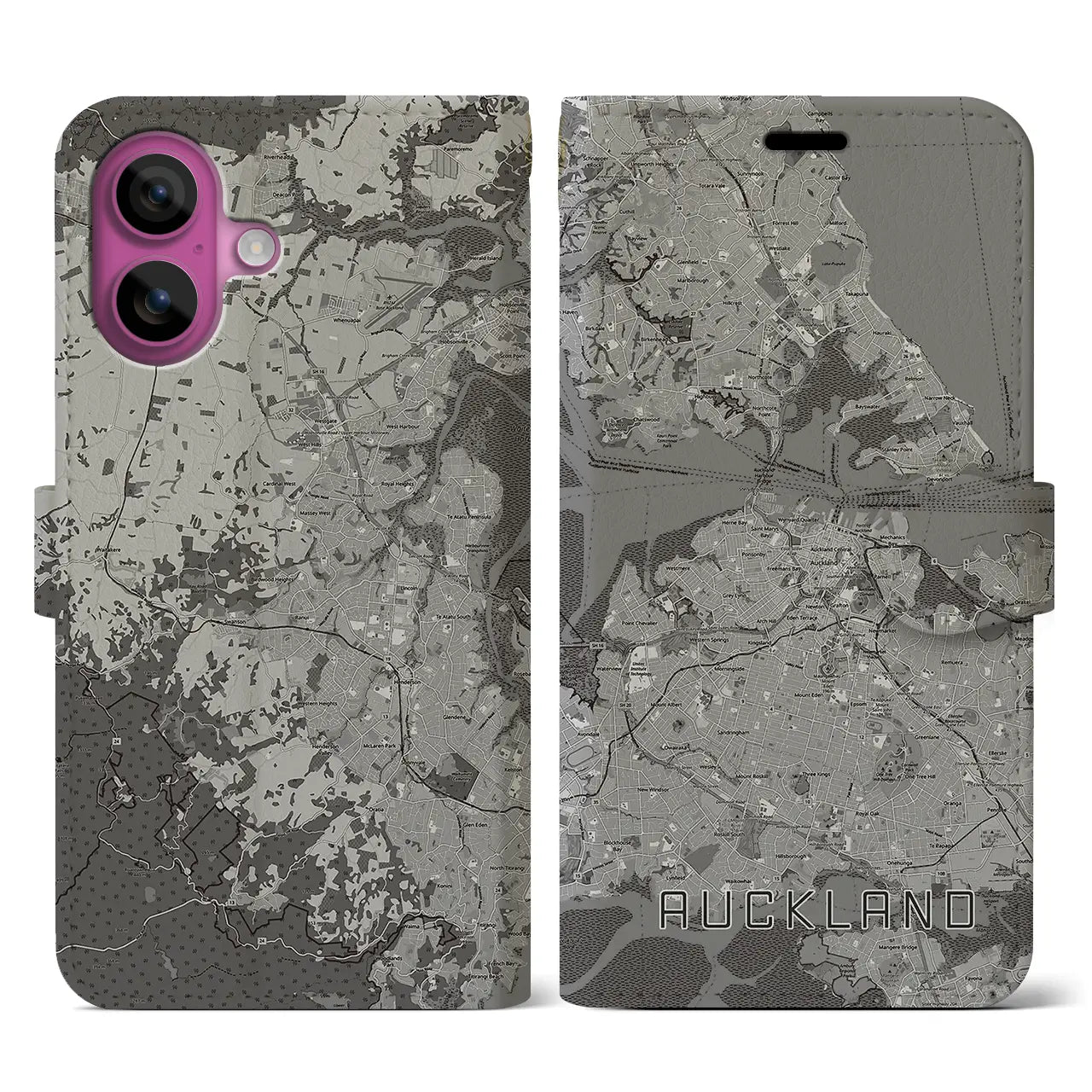 【オークランド(ニュージーランド)】地図柄iPhoneケース(手帳タイプ)モノトーン・iPhone 16 Pro 用