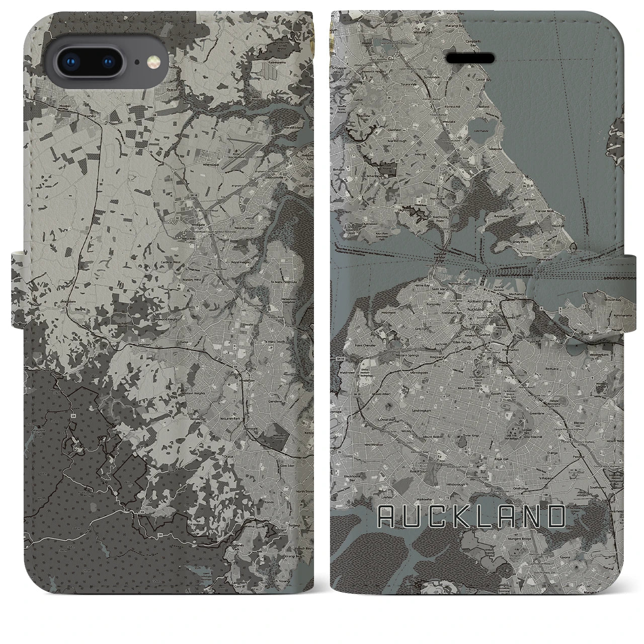 【オークランド(ニュージーランド)】地図柄iPhoneケース(手帳タイプ)モノトーン・iPhone 8Plus /7Plus / 6sPlus / 6Plus 用