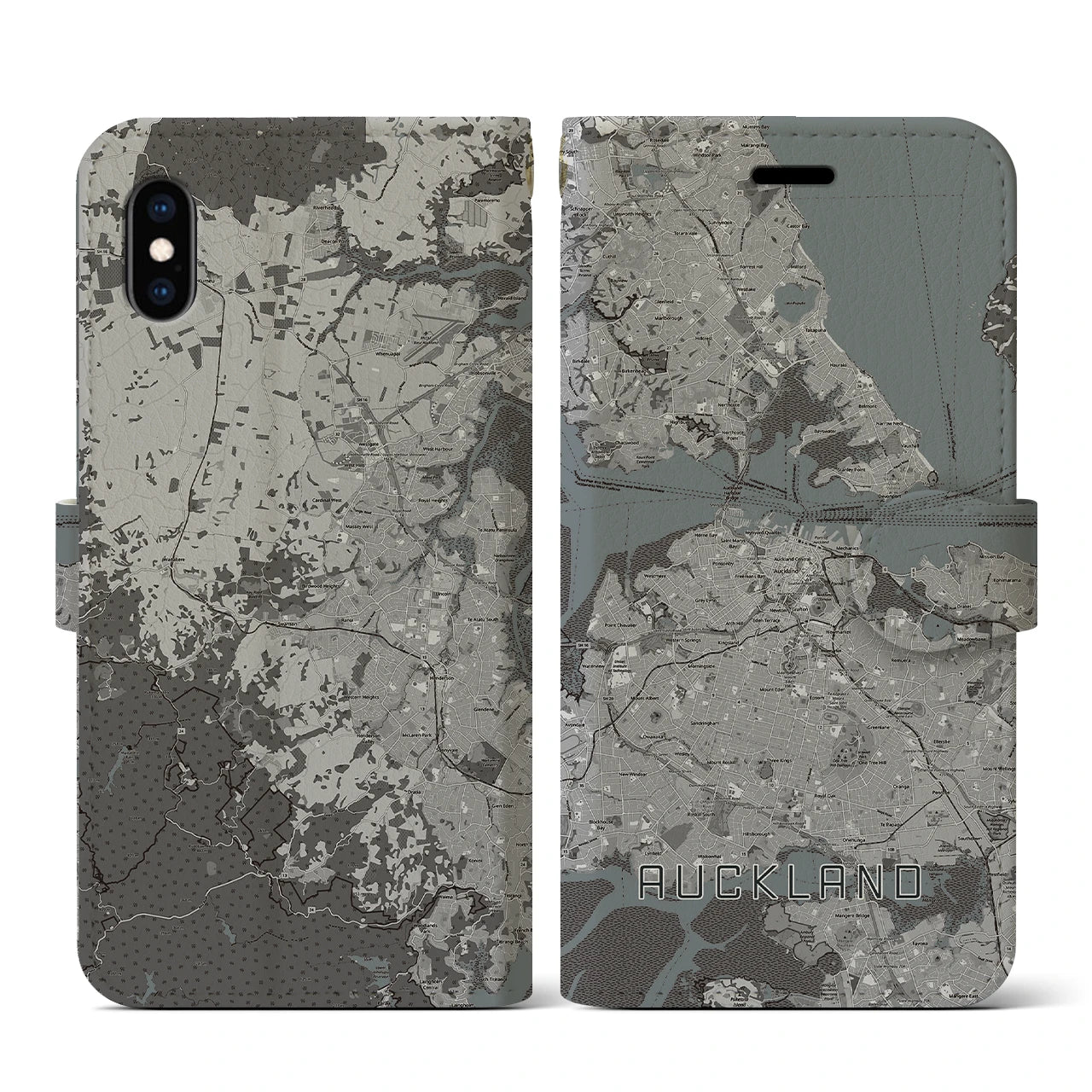【オークランド(ニュージーランド)】地図柄iPhoneケース(手帳タイプ)モノトーン・iPhone XS / X 用
