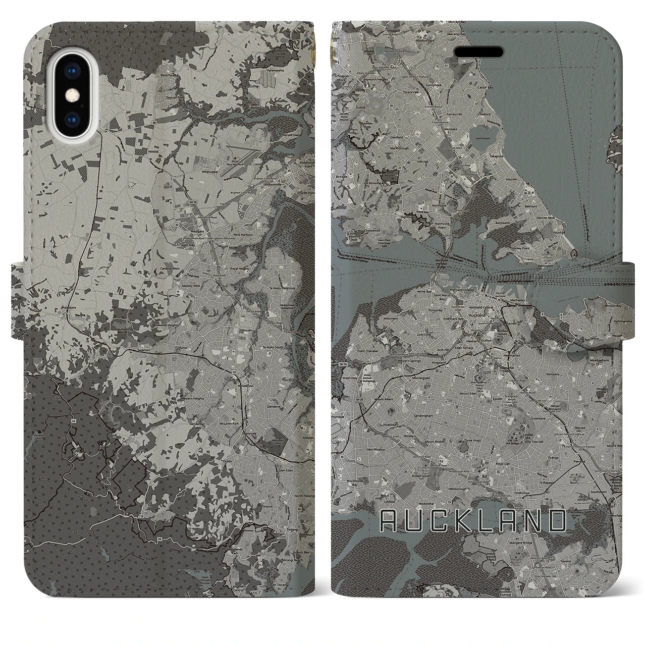 【オークランド(ニュージーランド)】地図柄iPhoneケース(手帳タイプ)モノトーン・iPhone XS Max 用
