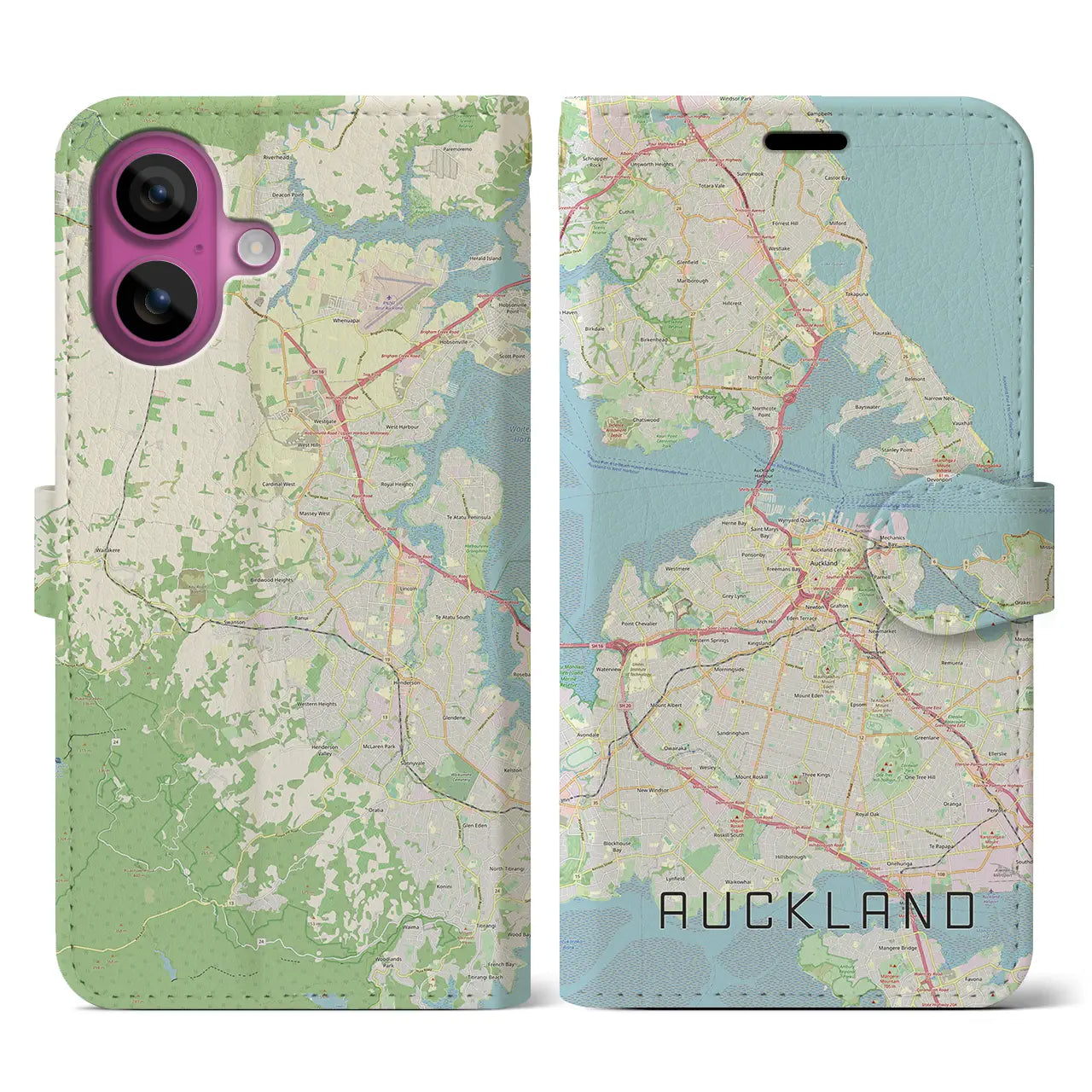 【オークランド(ニュージーランド)】地図柄iPhoneケース(手帳タイプ)ナチュラル・iPhone 16 Pro 用