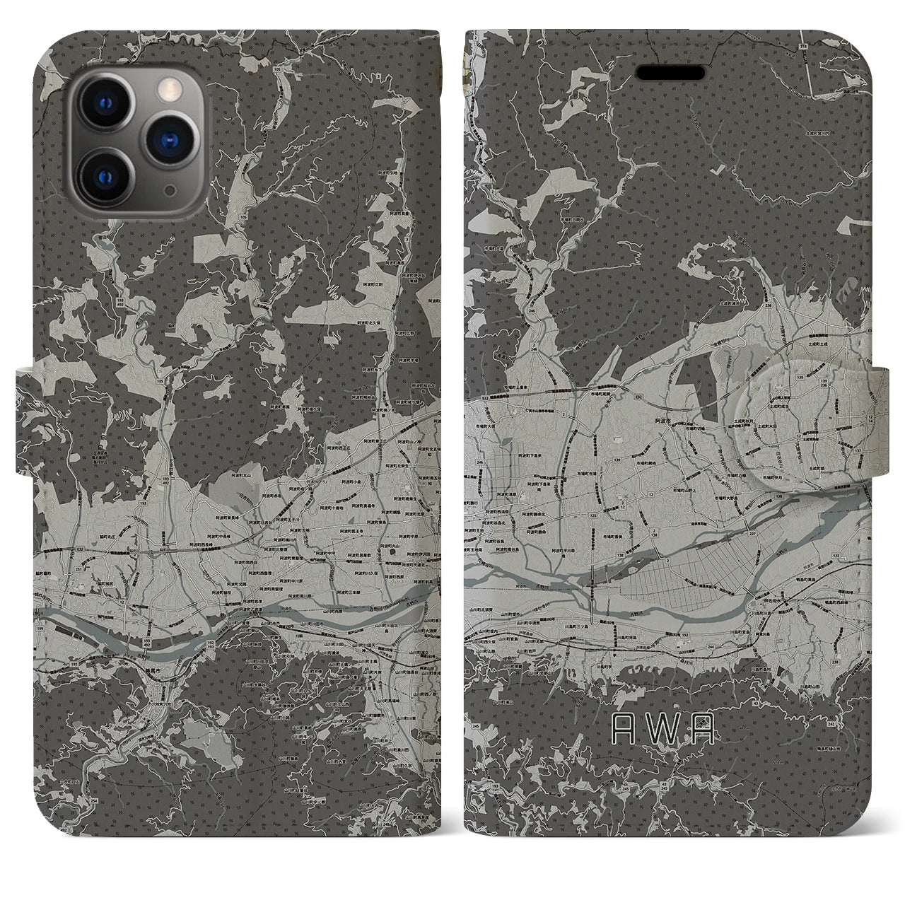 【阿波(徳島県)】地図柄iPhoneケース(手帳タイプ)モノトーン・iPhone 11 Pro Max 用